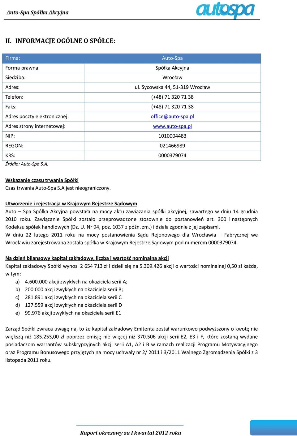 pl Adres strony internetowej: www.auto-spa.pl NIP: 1010004483 REGON: 021466989 KRS: 0000379074 Wskazanie czasu trwania Spółki Czas trwania Auto-Spa S.A jest nieograniczony.