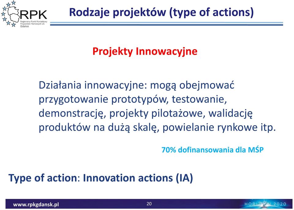 demonstrację, projekty pilotażowe, walidację produktów na dużą skalę,