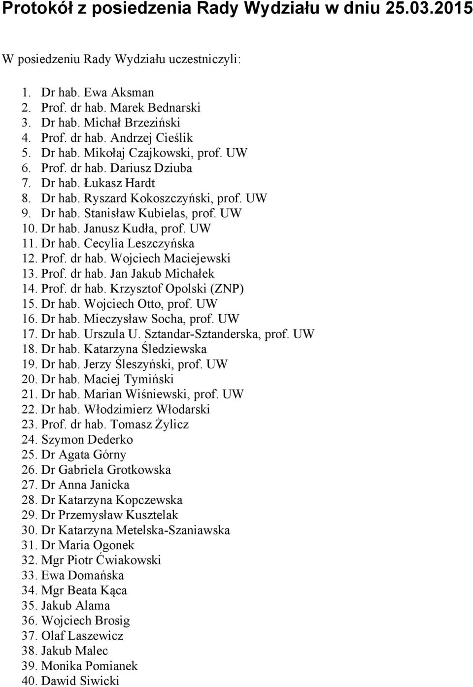 UW 11. Dr hab. Cecylia Leszczyńska 12. Prof. dr hab. Wojciech Maciejewski 13. Prof. dr hab. Jan Jakub Michałek 14. Prof. dr hab. Krzysztof Opolski (ZNP) 15. Dr hab. Wojciech Otto, prof. UW 16. Dr hab. Mieczysław Socha, prof.