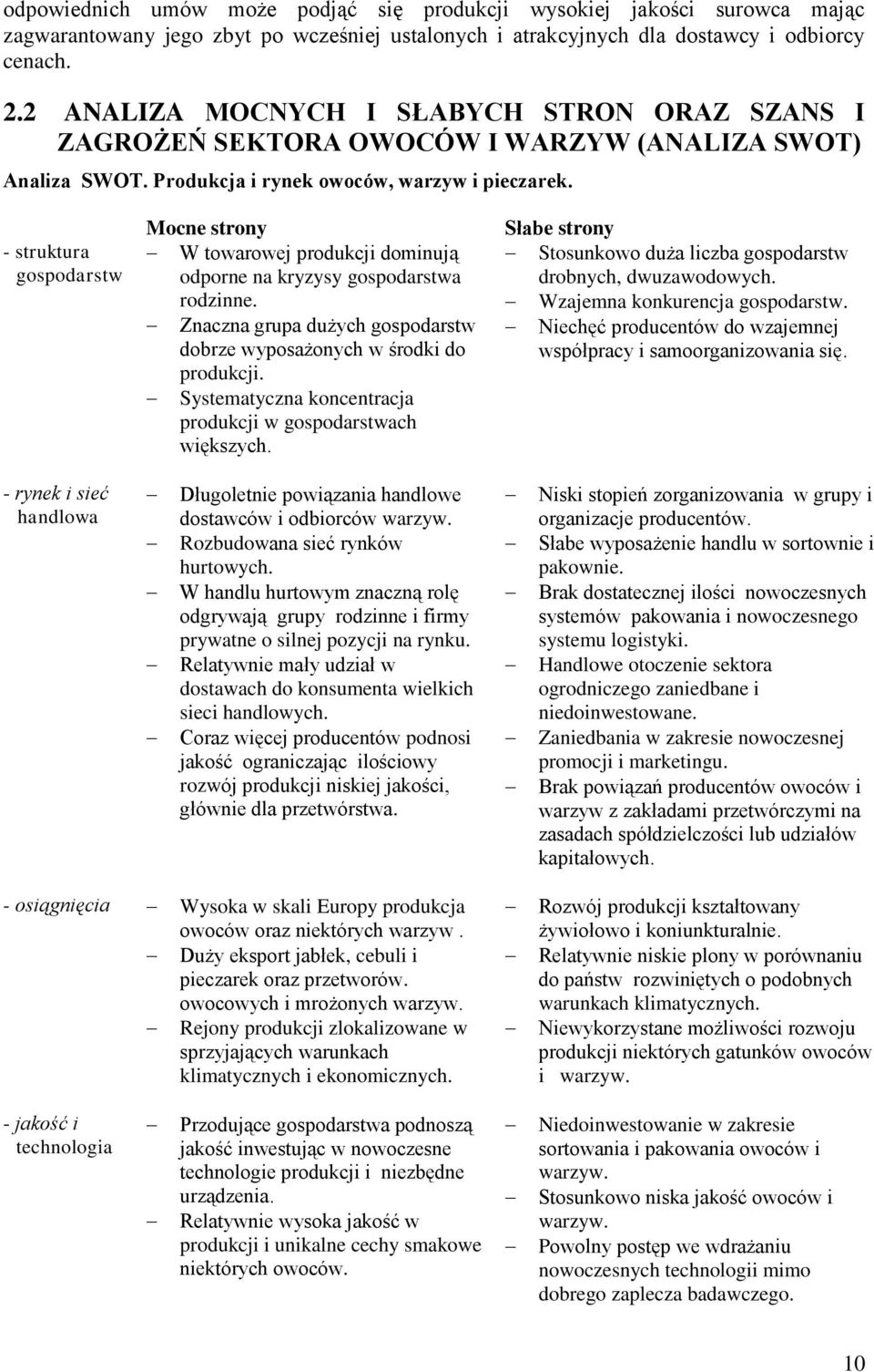 - struktura gospodarstw - rynek i sieć handlowa Mocne strony W towarowej produkcji dominują odporne na kryzysy gospodarstwa rodzinne.