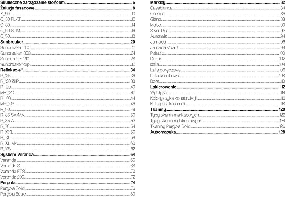 ..60 R_XS...62 System Veranda...64 Veranda...66 Veranda S...68 Veranda FTS...70 Veranda 206...72 Pergola...74 Pergola Solid...76 Pergola Basic...80 Markizy...82 Casablanca...84 Corsica...86 Giant.