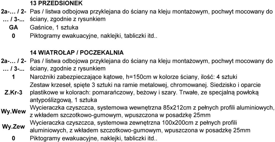 . 14 WIATROŁAP / POCZEKALNIA 2a- / 2- Pas / listwa odbojowa przyklejana do ściany na kleju montażowym, pochwyt mocowany do / 3-.