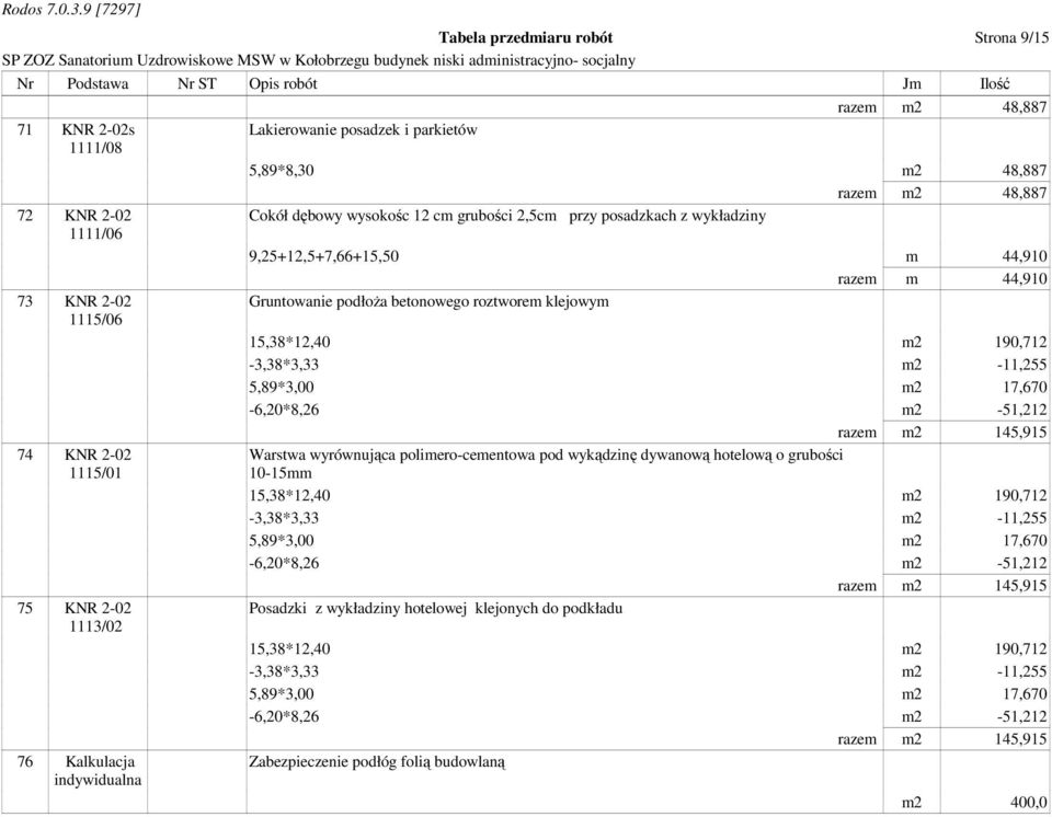 posadzkach z wykładziny 9,25+12,5+7,66+15,50 m 44,910 razem m 44,910 Gruntowanie podłoŝa betonowego roztworem klejowym Warstwa wyrównująca