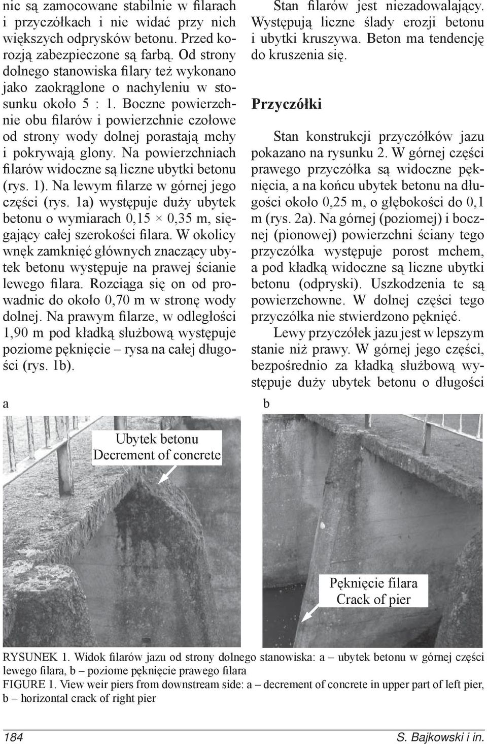 Boczne powierzchnie obu filarów i powierzchnie czołowe od strony wody dolnej porastają mchy i pokrywają glony. Na powierzchniach filarów widoczne są liczne ubytki betonu (rys. 1).