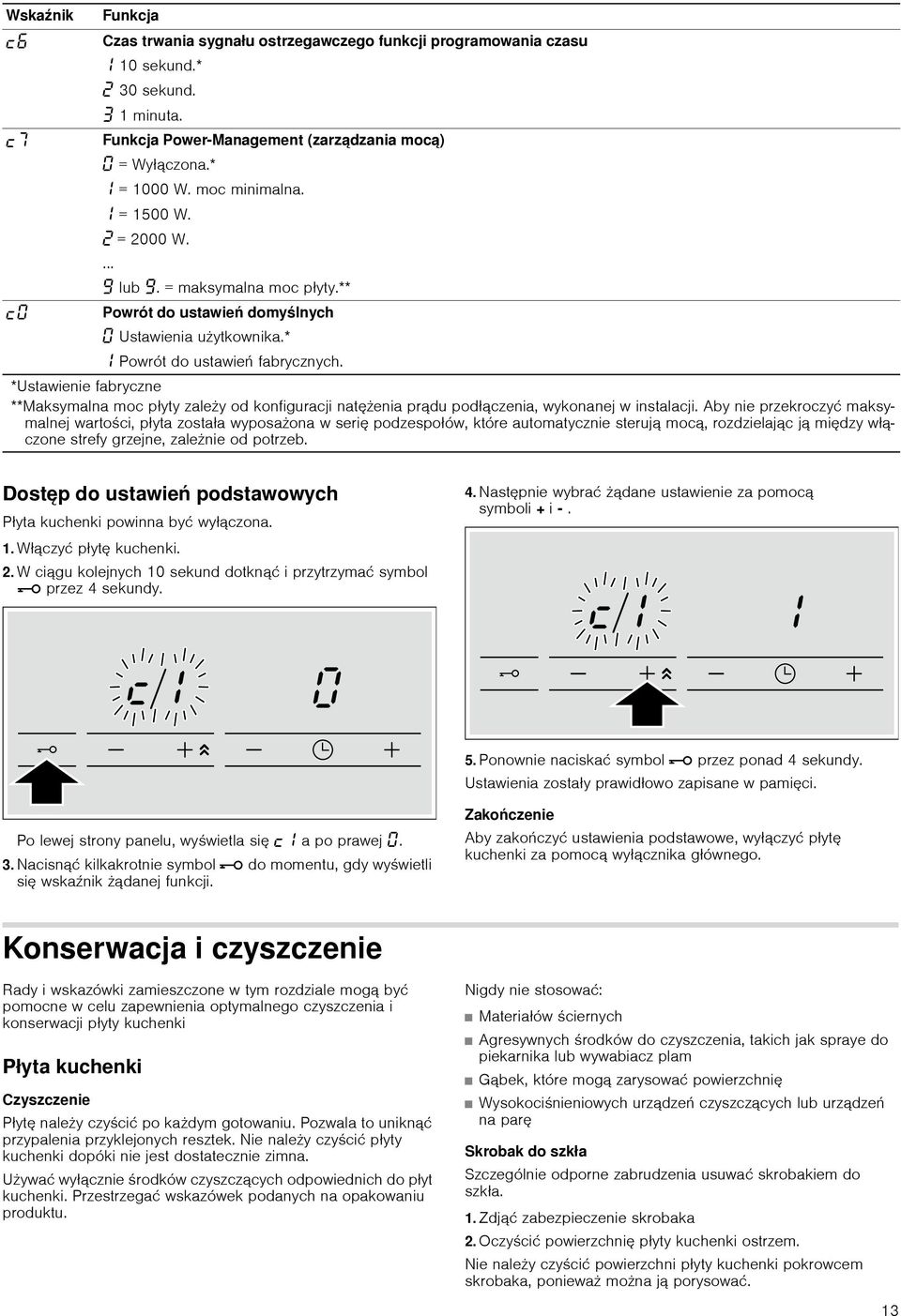 *Ustawienie fabryczne **Maksymalna moc płyty zależy od konfiguracji natężenia prądu podłączenia, wykonanej w instalacji.