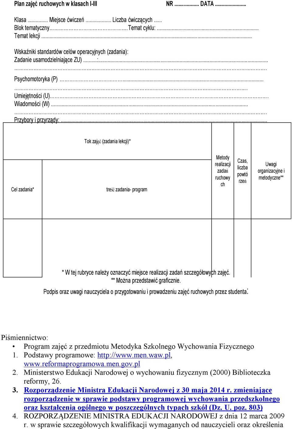 .. Tok zajęć (zadania lekcji)* Cel zadania* treść zadania- program Metody realizacji zadań ruchowy ch Czas, liczba powtó rzeń Uwagi organizacyjne i metodyczne** * W tej rubryce należy oznaczyć