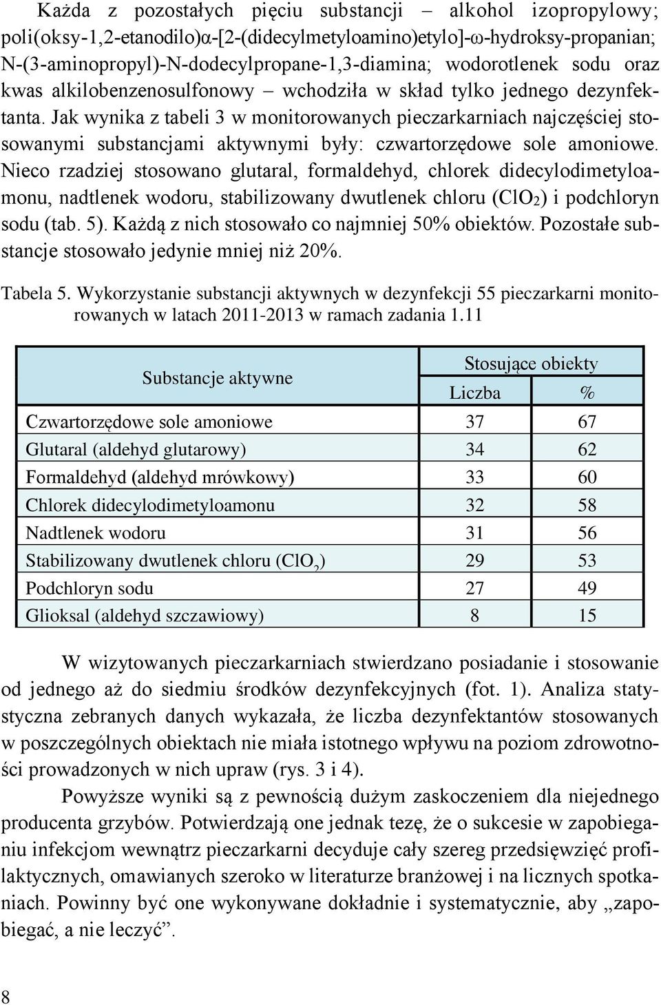 Jak wynika z tabeli 3 w monitorowanych pieczarkarniach najczęściej stosowanymi substancjami aktywnymi były: czwartorzędowe sole amoniowe.