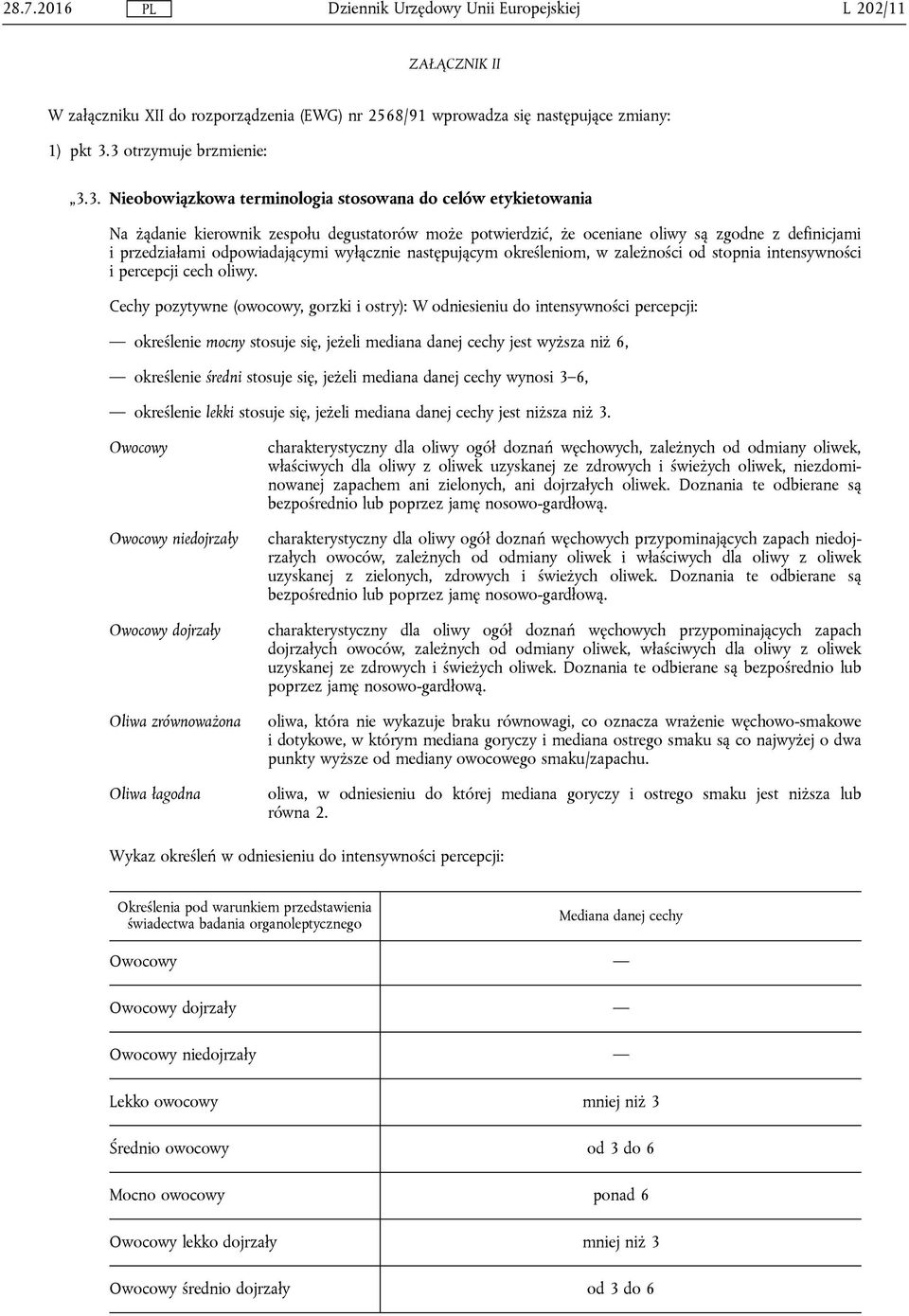 przedziałami odpowiadającymi wyłącznie następującym określeniom, w zależności od stopnia intensywności i percepcji cech oliwy.