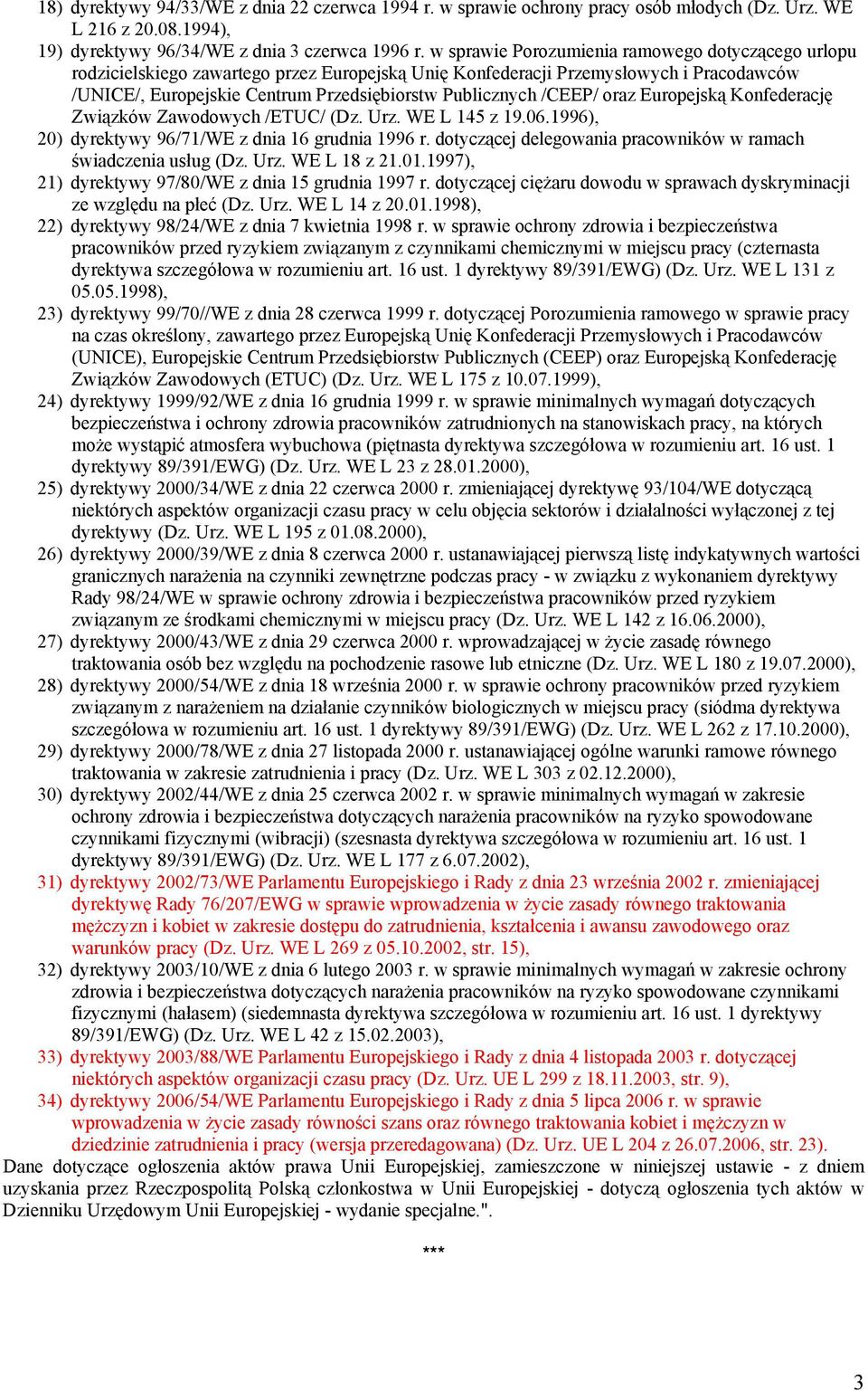/CEEP/ oraz Europejską Konfederację Związków Zawodowych /ETUC/ (Dz. Urz. WE L 145 z 19.06.1996), 20) dyrektywy 96/71/WE z dnia 16 grudnia 1996 r.