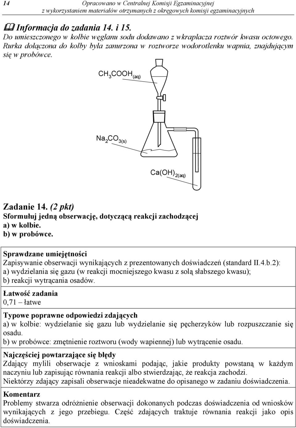 (2 pkt) Sformułuj jedną obserwację, dotyczącą reakcji zachodzącej a) w kolbie. b) w probówce. Zapisywanie obserwacji wynikających z prezentowanych doświadczeń (standard II.4.b.2): a) wydzielania się gazu (w reakcji mocniejszego kwasu z solą słabszego kwasu); b) reakcji wytrącania osadów.