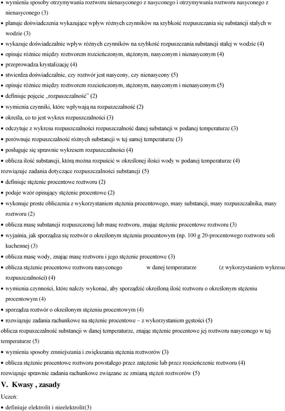 rozcieńczonym, stężonym, nasyconym i nienasyconym (4) przeprowadza krystalizację (4) stwierdza doświadczalnie, czy roztwór jest nasycony, czy nienasycony (5) opisuje różnice między roztworem