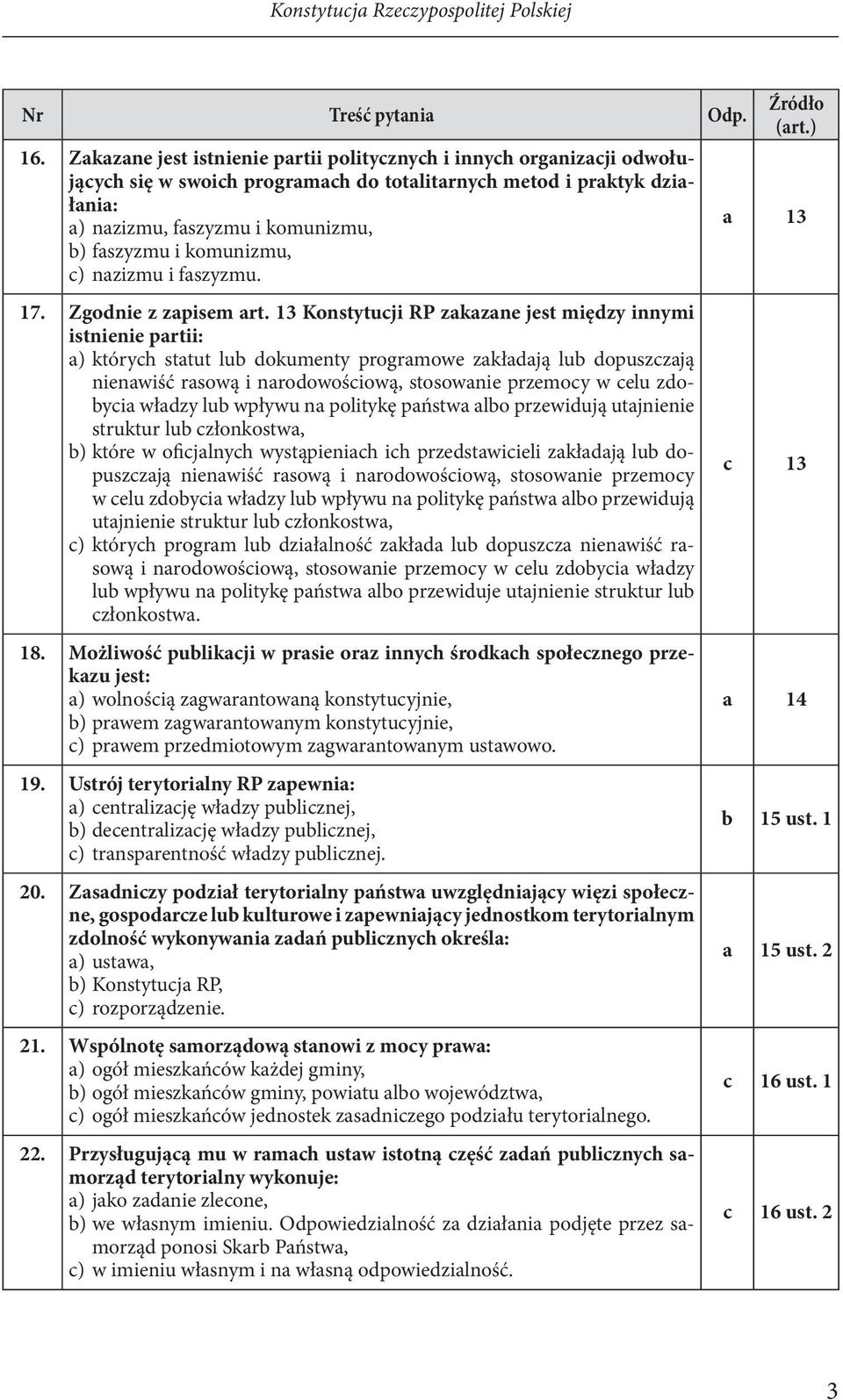 .faszyzmu i komunizmu, c)..nazizmu i faszyzmu. 17. Zgodnie z zapisem art. 13 Konstytucji RP zakazane jest między innymi istnienie partii: a).