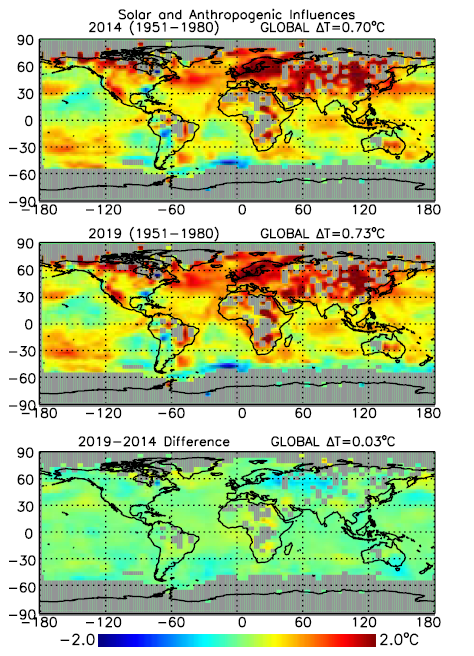 Porównanie przedstawia prognozę regionalnych zmian w rocznej temperaturze powietrza dla lat 2014 i 2019.