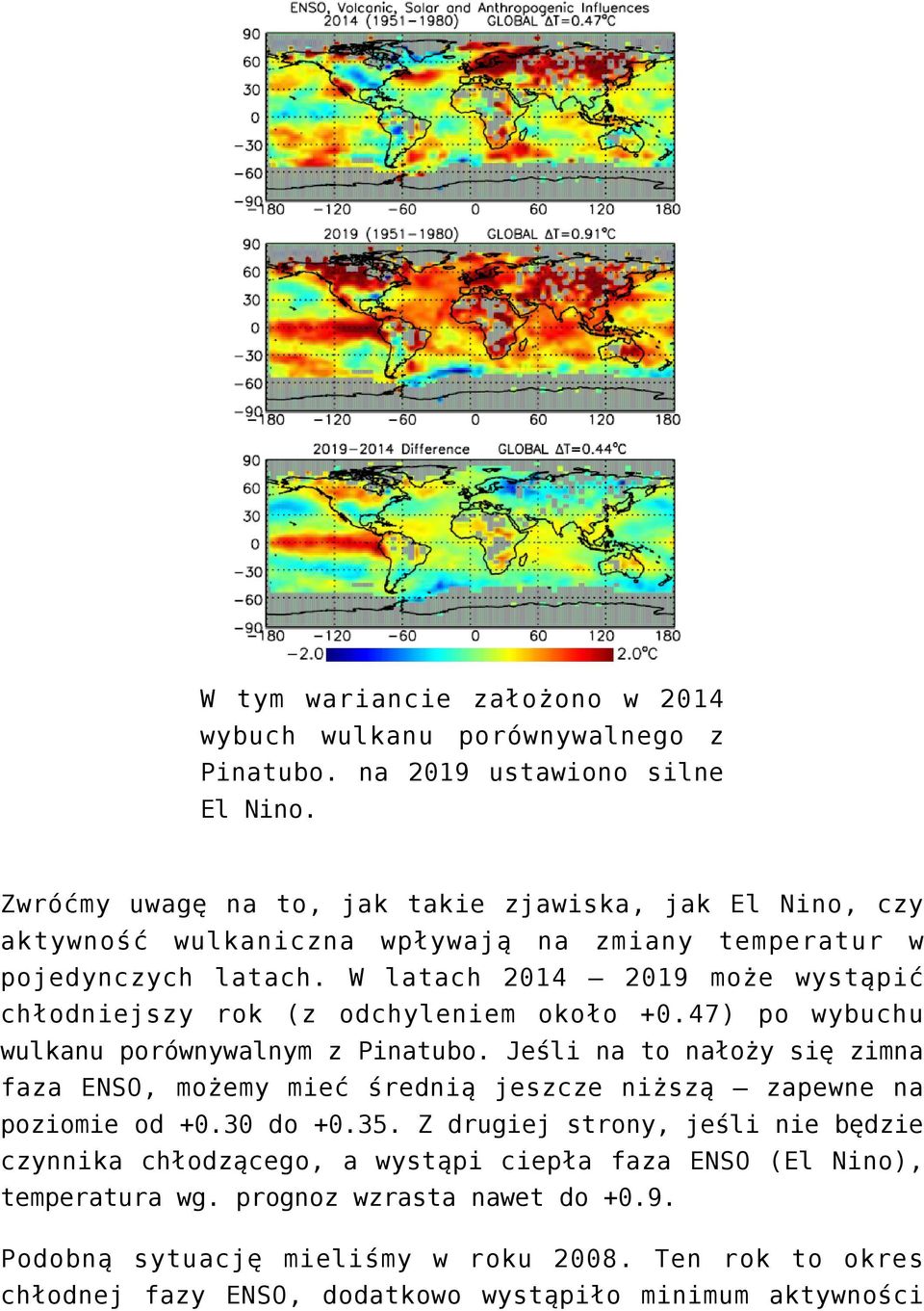 W latach 2014 2019 może wystąpić chłodniejszy rok (z odchyleniem około +0.47) po wybuchu wulkanu porównywalnym z Pinatubo.