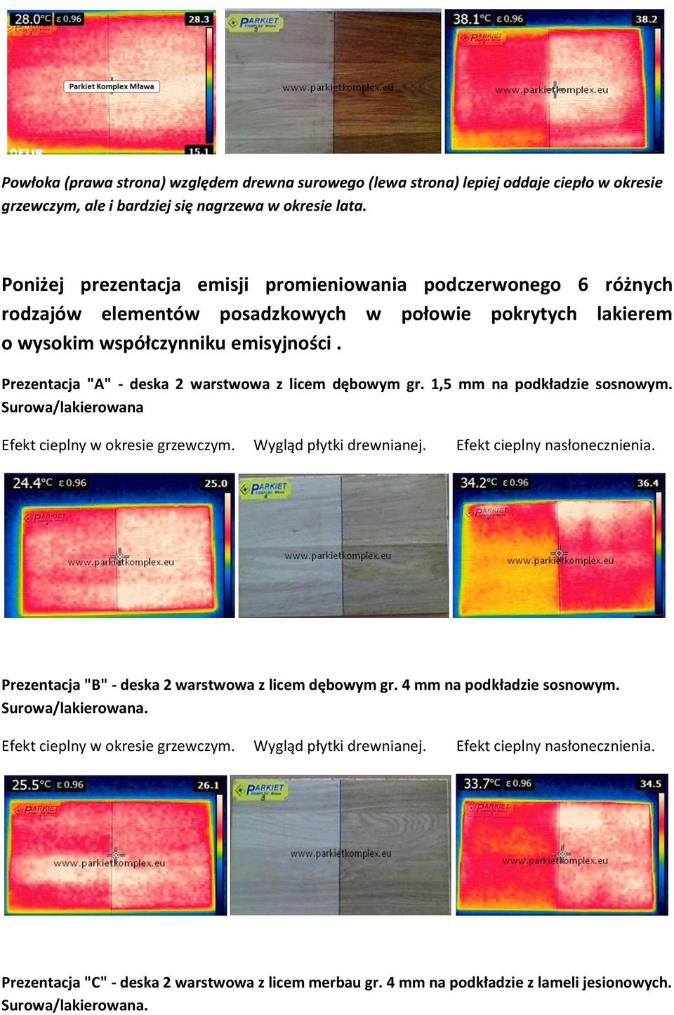 emisyjności. Prezentacja "A" - deska 2 warstwowa z licem dębowym gr. 1,5 mm na podkładzie sosnowym.