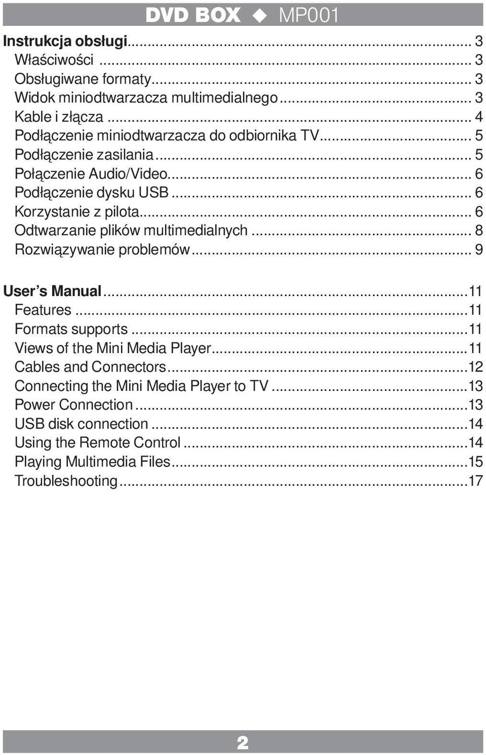 .. 6 Odtwarzanie plików multimedialnych... 8 Rozwiązywanie problemów... 9 User s Manual...11 Features...11 Formats supports...11 Views of the Mini Media Player.