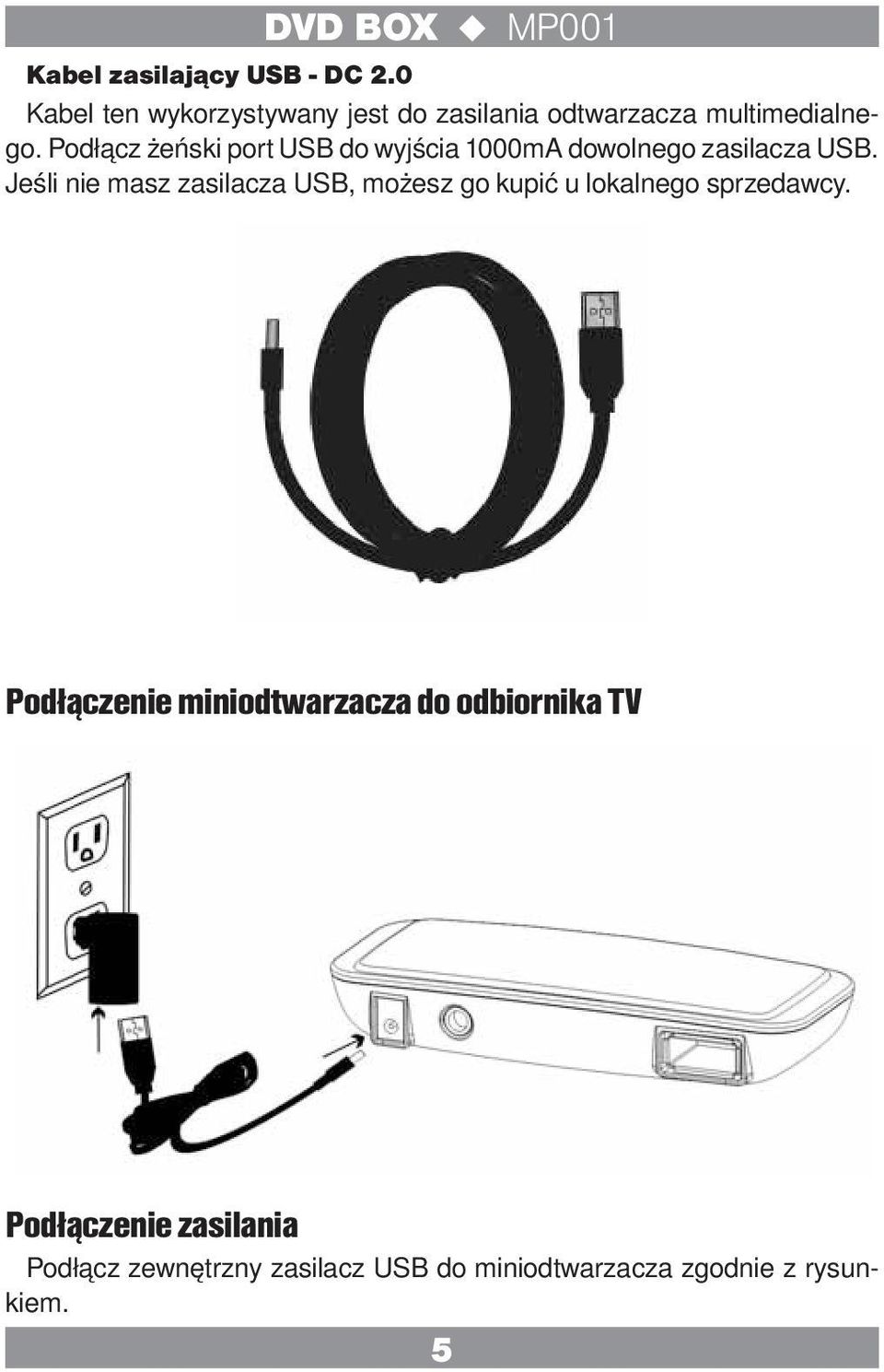 Podłącz żeński port USB do wyjścia 1000mA dowolnego zasilacza USB.