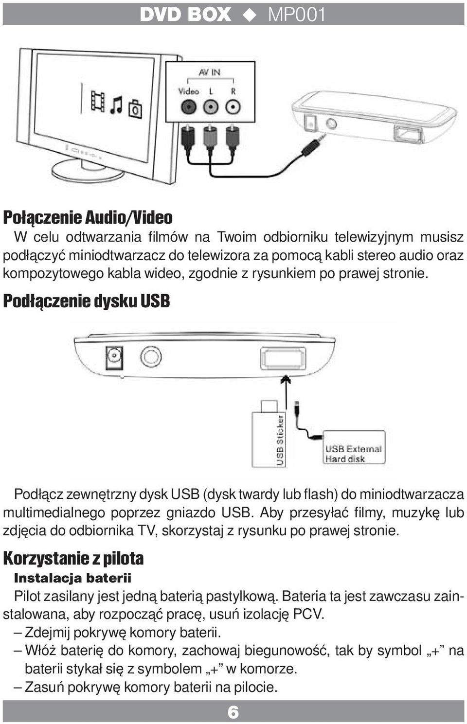Aby przesyłać filmy, muzykę lub zdjęcia do odbiornika TV, skorzystaj z rysunku po prawej stronie. Korzystanie z pilota Instalacja baterii Pilot zasilany jest jedną baterią pastylkową.