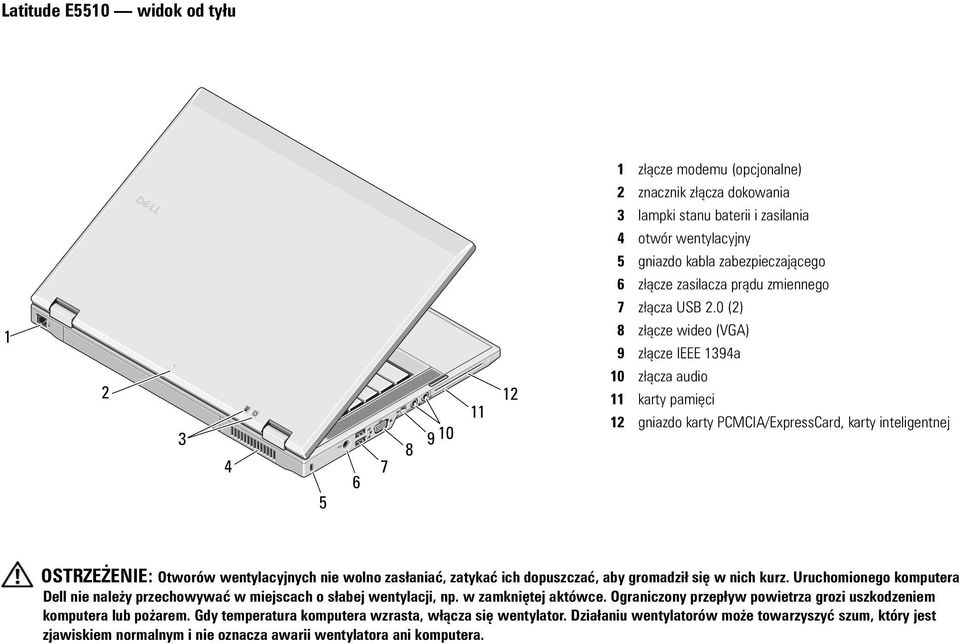 0 (2) 1 2 3 4 5 6 7 8 9 10 11 12 8 złącze wideo (VGA) 9 złącze IEEE 1394a 10 złącza audio 11 karty pamięci 12 gniazdo karty PCMCIA/ExpressCard, karty inteligentnej OSTRZEŻENIE: Otworów wentylacyjnych