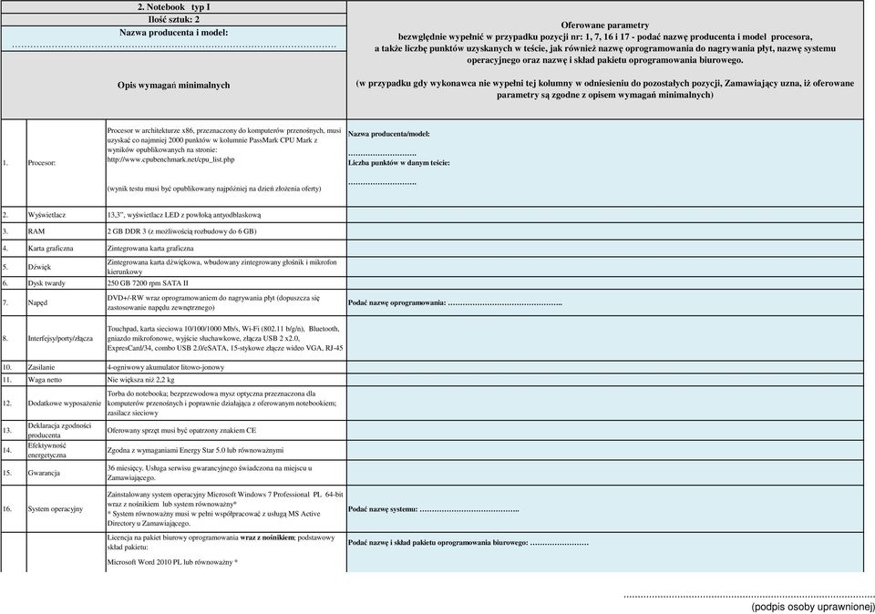 (w przypadku gdy wykonawca nie wypełni tej kolumny w odniesieniu do pozostałych pozycji, Zamawiający uzna, iŝ oferowane parametry są zgodne z opisem wymagań minimalnych) 1.