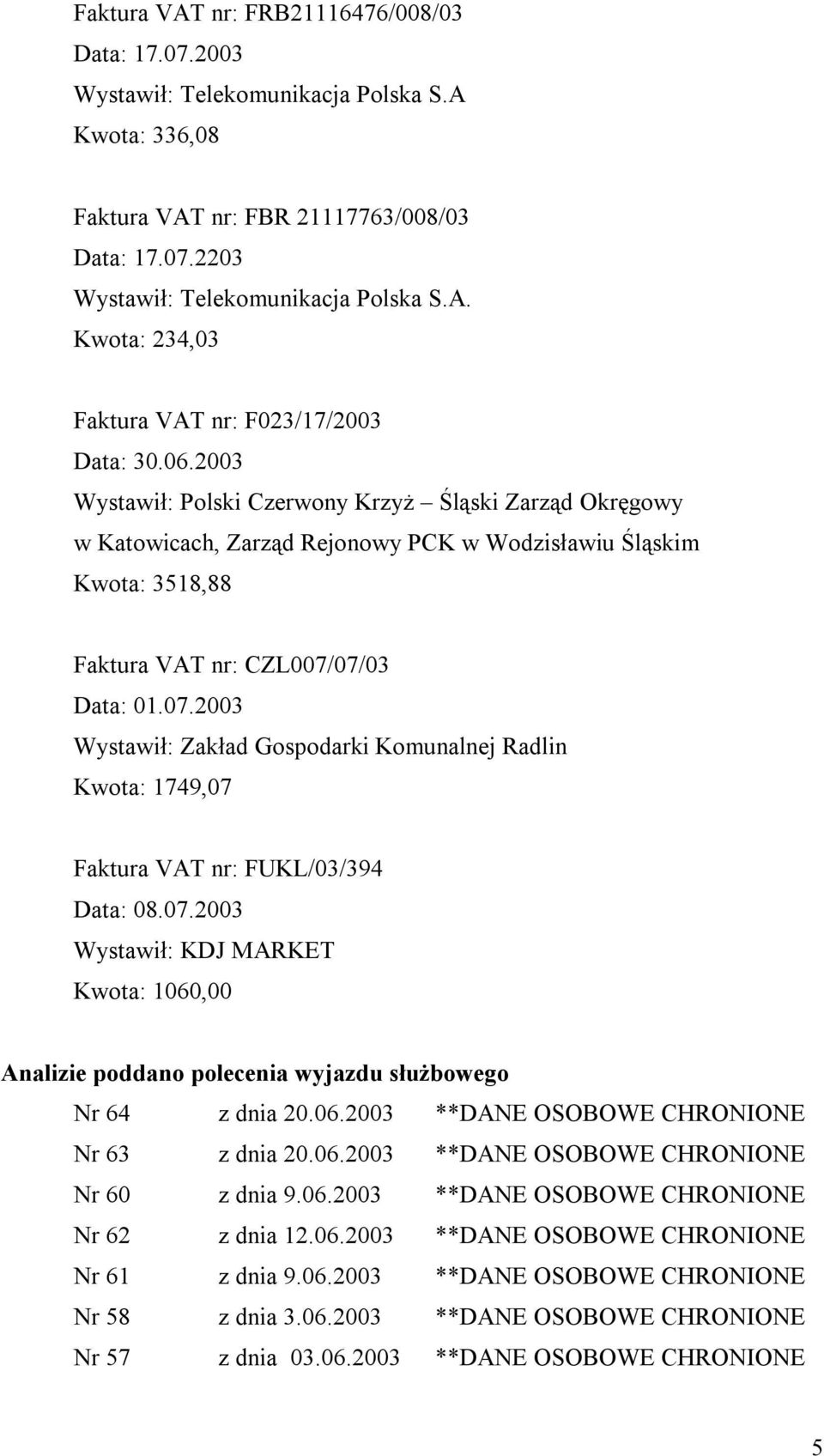 07/03 Data: 01.07.2003 Wystawił: Zakład Gospodarki Komunalnej Radlin Kwota: 1749,07 Faktura VAT nr: FUKL/03/394 Data: 08.07.2003 Wystawił: KDJ MARKET Kwota: 1060,00 Analizie poddano polecenia wyjazdu służbowego Nr 64 z dnia 20.