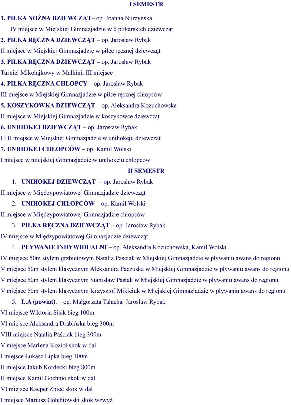 Jarosław Rybak III miejsce w Miejskiej Gimnazjadzie w piłce ręcznej chłopców 5. KOSZYKÓWKA DZIEWCZĄT op. Aleksandra Kożuchowska II miejsce w Miejskiej Gimnazjadzie w koszykówce dziewcząt 6.