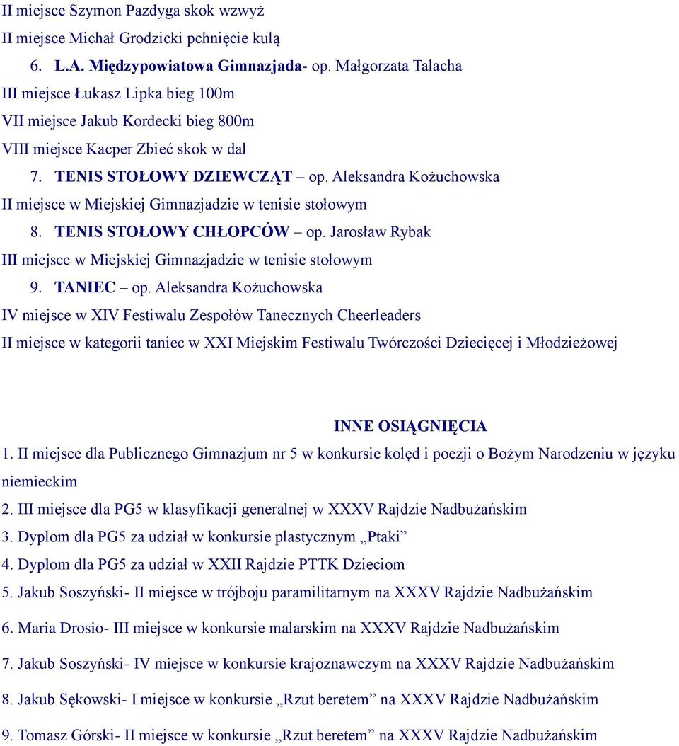 Aleksandra Kożuchowska II miejsce w Miejskiej Gimnazjadzie w tenisie stołowym 8. TENIS STOŁOWY CHŁOPCÓW op. Jarosław Rybak III miejsce w Miejskiej Gimnazjadzie w tenisie stołowym 9. TANIEC op.