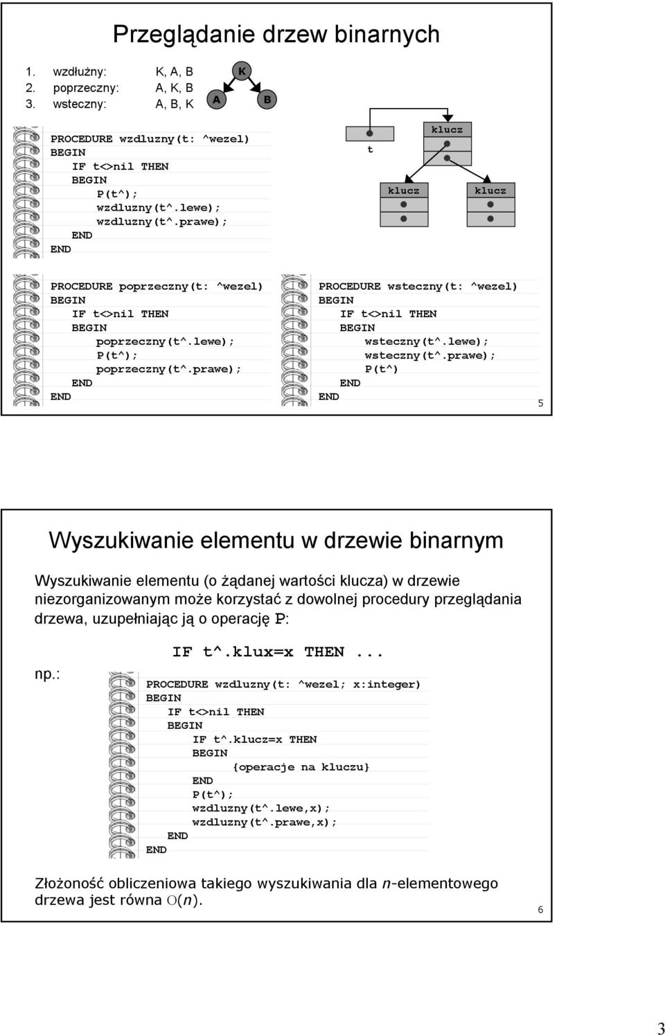 prawe); P(t^) Wyszukiwanie elementu w drzewie binarnym Wyszukiwanie elementu (o Ŝądanej wartości a) w drzewie niezorganizowanym moŝe korzystać z dowolnej procedury przeglądania drzewa,
