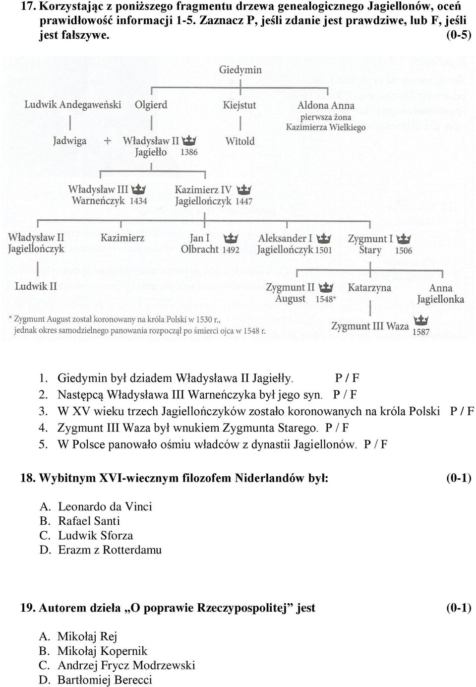 Zygmunt III Waza był wnukiem Zygmunta Starego. P / F 5. W Polsce panowało ośmiu władców z dynastii Jagiellonów. P / F 18. Wybitnym XVI-wiecznym filozofem Niderlandów był: (0-1) A.