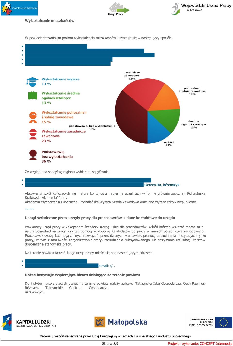 Ze wględu na specyfikę regionu wybierane są głównie: Kierunki budowlane: technik budowy, cieśla, stolar, monter instalacji sanitarnych, Kierunki hotelarsko ekonomista, informatyk.