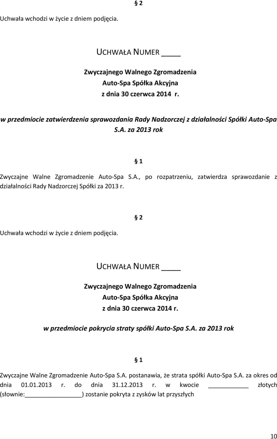 w przedmiocie pokrycia straty spółki Auto-Spa S.A. za 2013 rok Zwyczajne Walne Zgromadzenie Auto-Spa S.A. postanawia, że strata spółki Auto-Spa S.