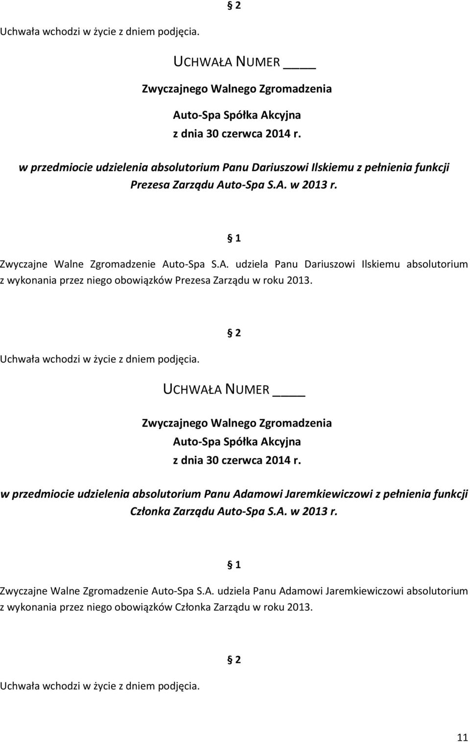 w przedmiocie udzielenia absolutorium Panu Adamowi Jaremkiewiczowi z pełnienia funkcji Członka Zarządu Auto-Spa S.A. w 2013 r.