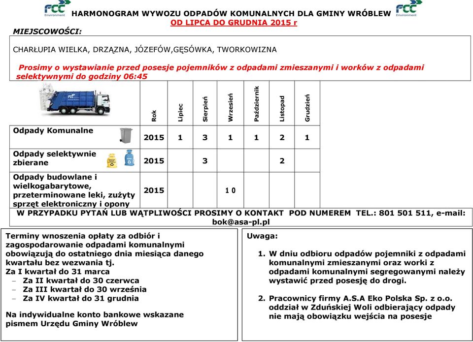 selektywnie zbierane 2015 3 2 Odpady budowlane i wielkogabarytowe, przeterminowane leki, zużyty 2015 10 sprzęt elektroniczny i opony W PRZYPADKU PYTAŃ LUB WĄTPLIWOŚCI PROSIMY O KONTAKT POD NUMEREM