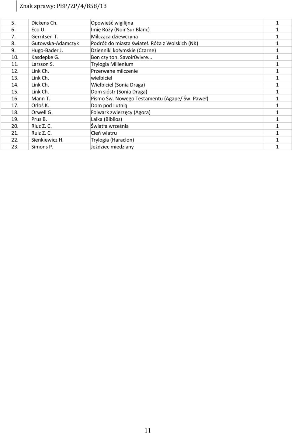 Link Ch. Wielbiciel (Sonia Draga) 5. Link Ch. Dom sióstr (Sonia Draga) 6. Mann T. Pismo Św. Nowego Testamentu (Agape/ Św. Paweł) 7. Orłoś K. Dom pod Lutnią 8. Orwell G.