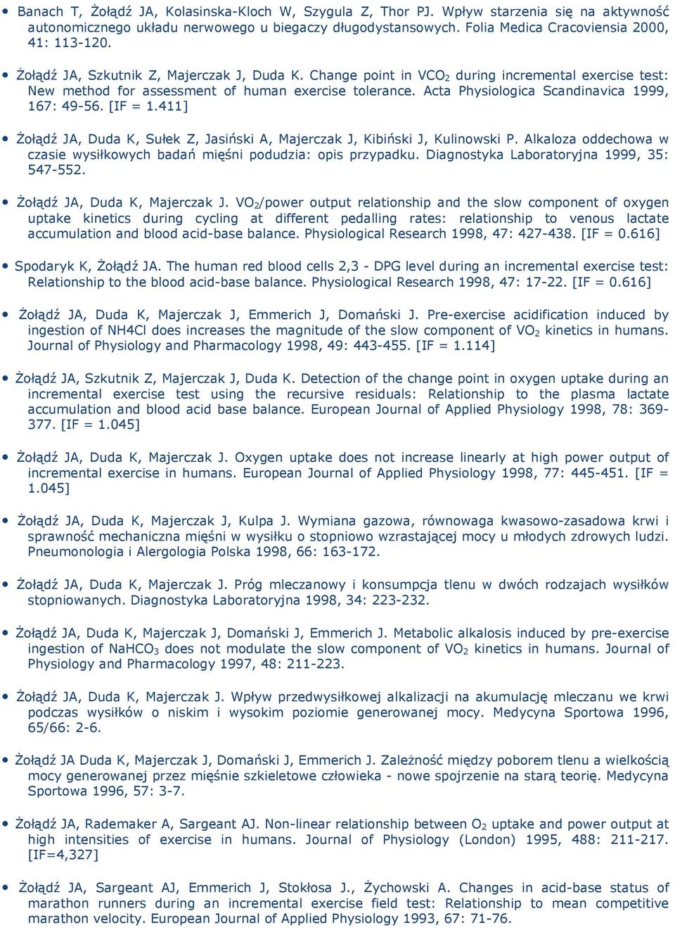 Acta Physiologica Scandinavica 1999, 167: 49-56. [IF = 1.411] Żołądź JA, Duda K, Sułek Z, Jasiński A, Majerczak J, Kibiński J, Kulinowski P.
