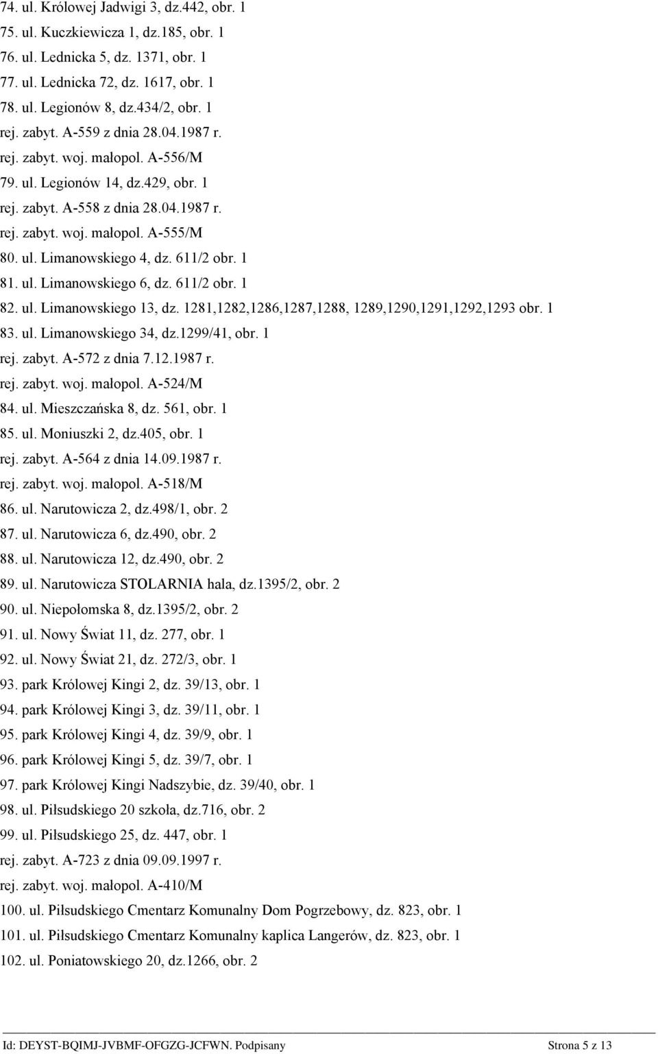 611/2 obr. 1 81. ul. Limanowskiego 6, dz. 611/2 obr. 1 82. ul. Limanowskiego 13, dz. 1281,1282,1286,1287,1288, 1289,1290,1291,1292,1293 obr. 1 83. ul. Limanowskiego 34, dz.1299/41, obr. 1 rej. zabyt.