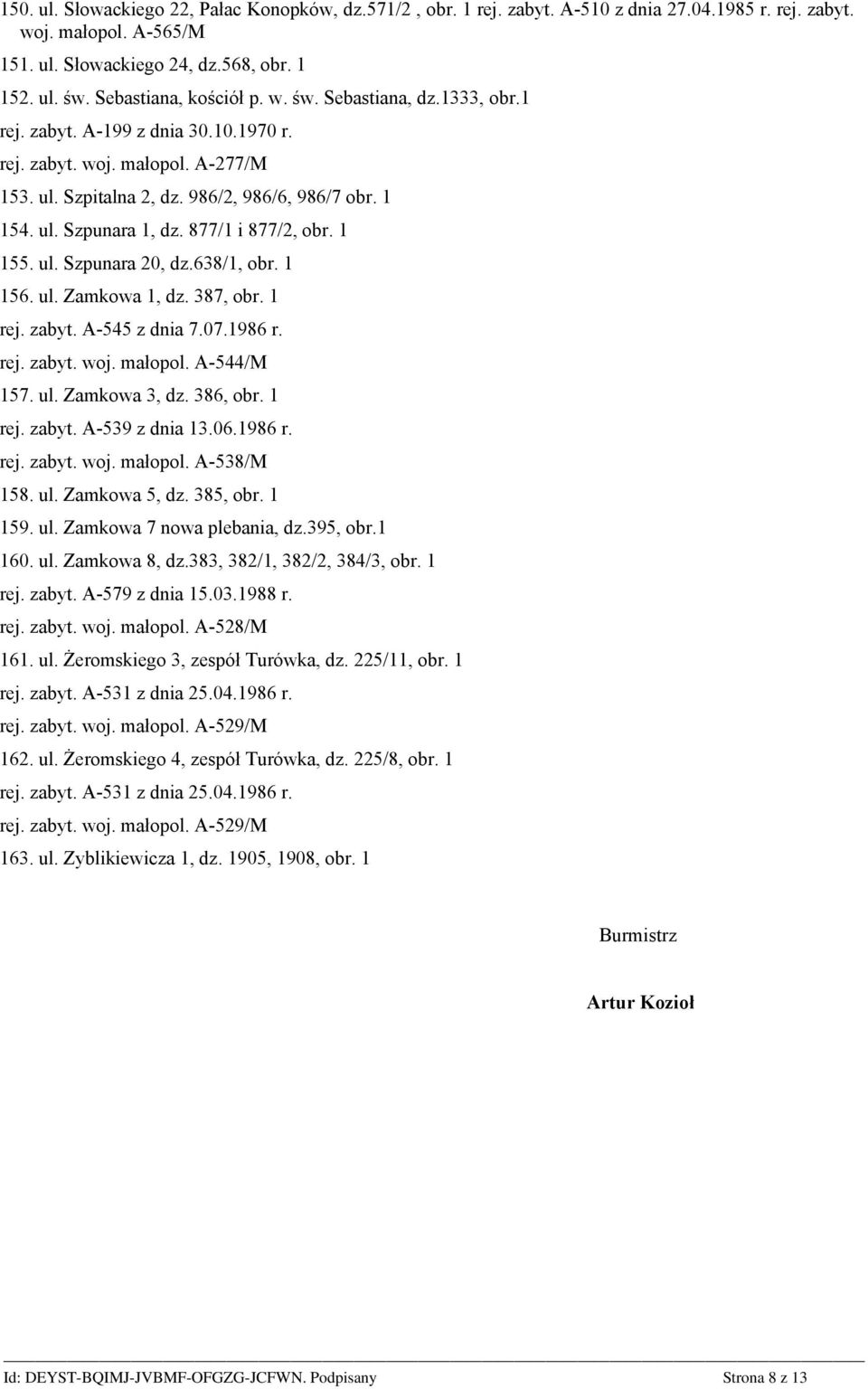 877/1 i 877/2, obr. 1 155. ul. Szpunara 20, dz.638/1, obr. 1 156. ul. Zamkowa 1, dz. 387, obr. 1 rej. zabyt. A-545 z dnia 7.07.1986 r. rej. zabyt. woj. małopol. A-544/M 157. ul. Zamkowa 3, dz.