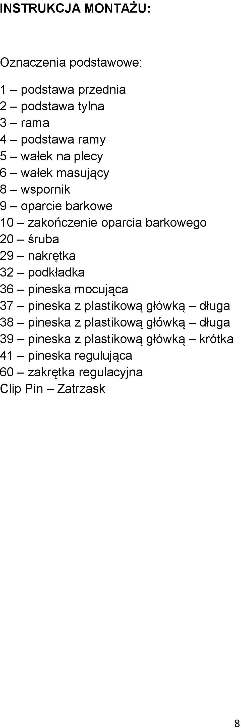nakrętka 32 podkładka 36 pineska mocująca 37 pineska z plastikową główką długa 38 pineska z plastikową