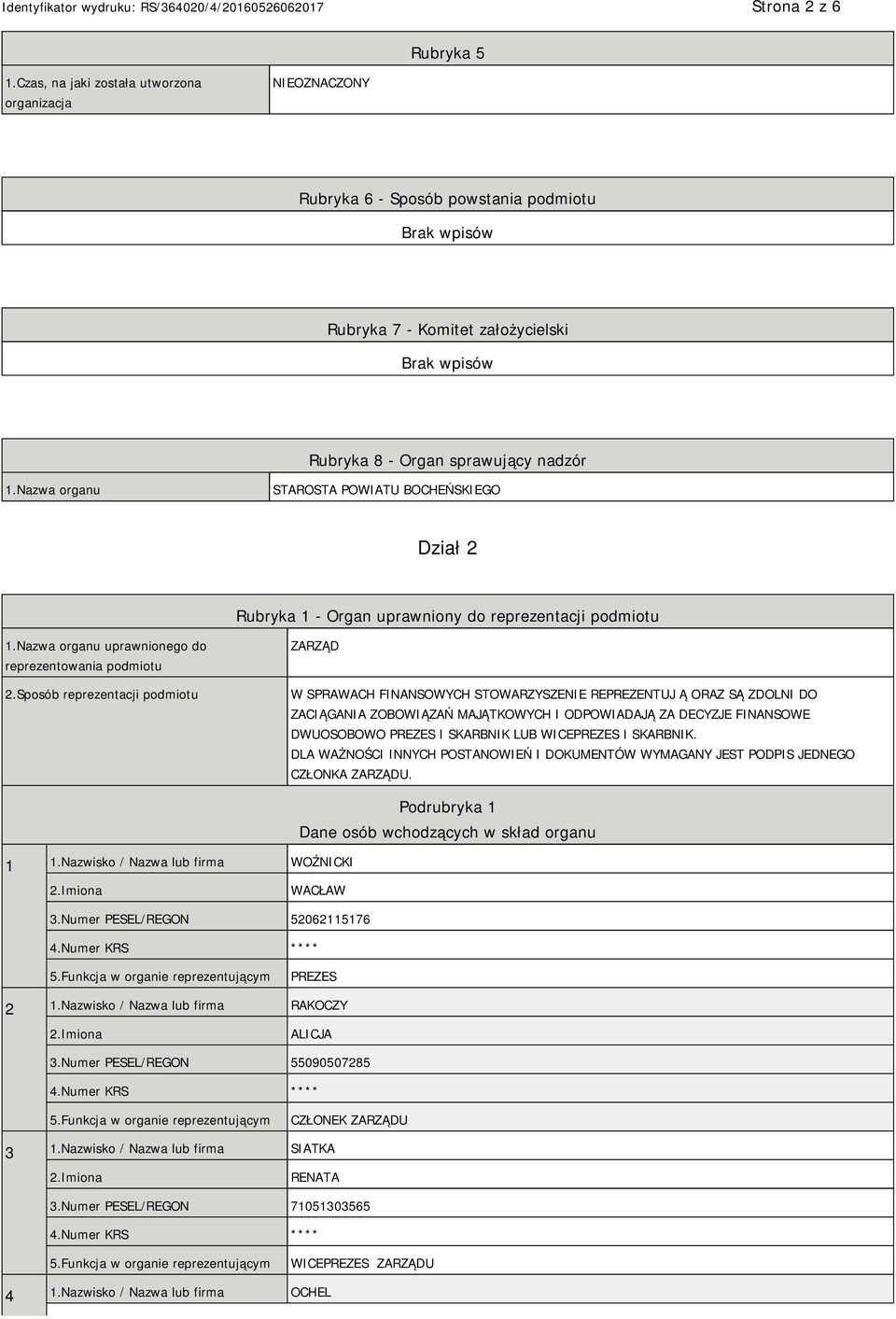 Sposób reprezentacji podmiotu ZARZĄD W SPRAWACH FINANSOWYCH STOWARZYSZENIE REPREZENTUJ Ą ORAZ SĄ ZDOLNI DO ZACIĄGANIA ZOBOWIĄZAŃ MAJĄTKOWYCH I ODPOWIADAJĄ ZA DECYZJE FINANSOWE DWUOSOBOWO PREZES I