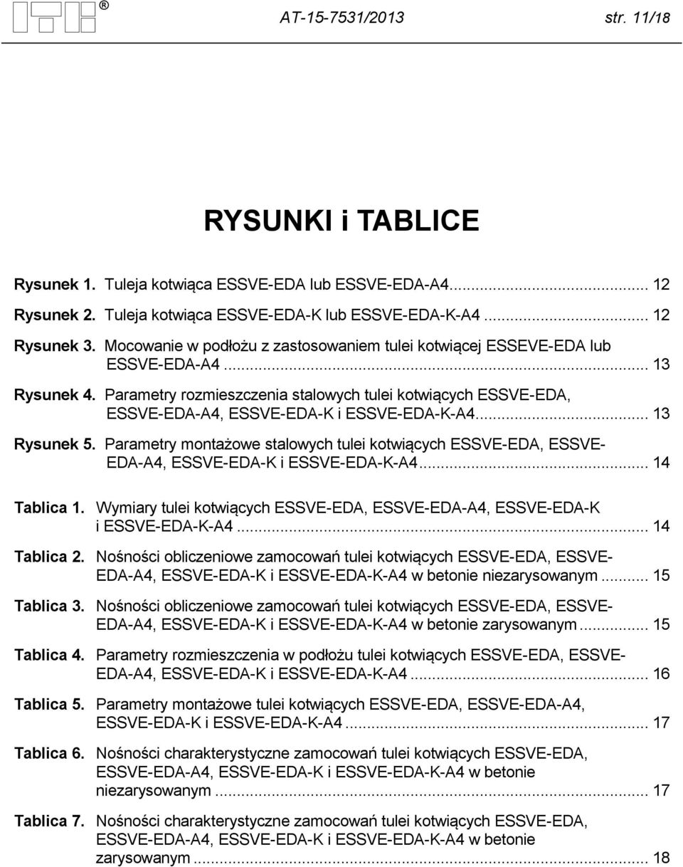 Parametry rozmieszczenia stalowych tulei kotwiących ESSVE-EDA, ESSVE-EDA-A4, ESSVE-EDA-K i ESSVE-EDA-K-A4... 13 Rysunek 5.