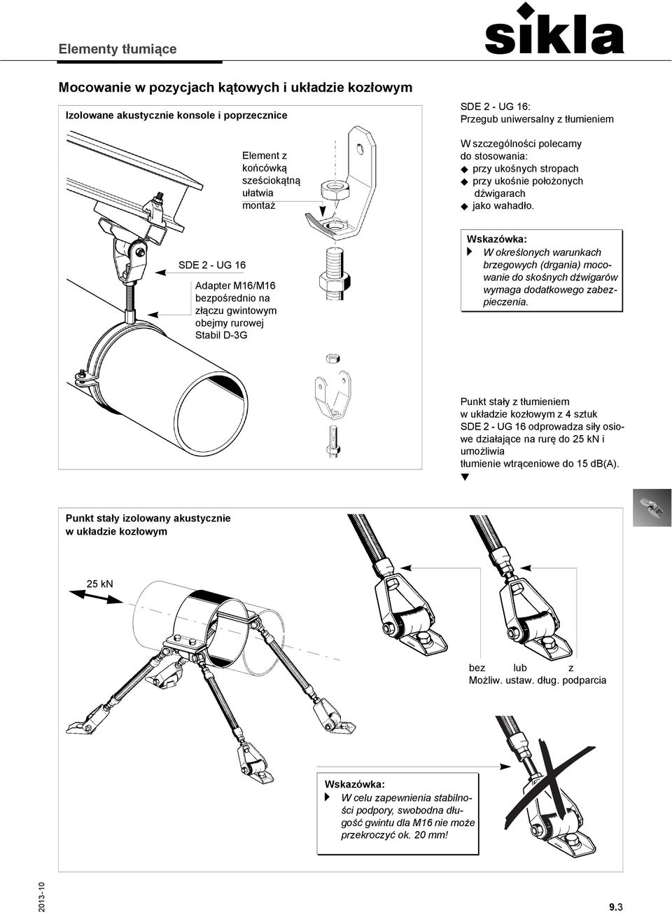 SDE 2 - UG 16 Adapter M16/M16 bezpośrednio na złączu gwintowym obejmy rurowej Stabil D-3G a W określonych warunkach brzegowych (drgania) mocowanie do skośnych dźwigarów wymaga dodatkowego