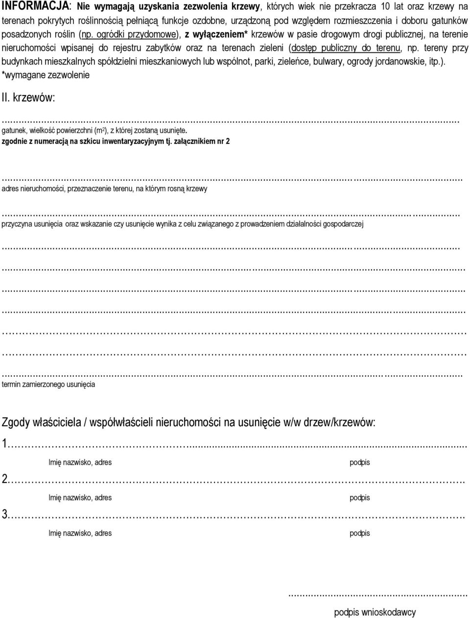 ogródki przydomowe), z wyłączeniem* krzewów w pasie drogowym drogi publicznej, na terenie nieruchomości wpisanej do rejestru zabytków oraz na terenach zieleni (dostęp publiczny do terenu, np.