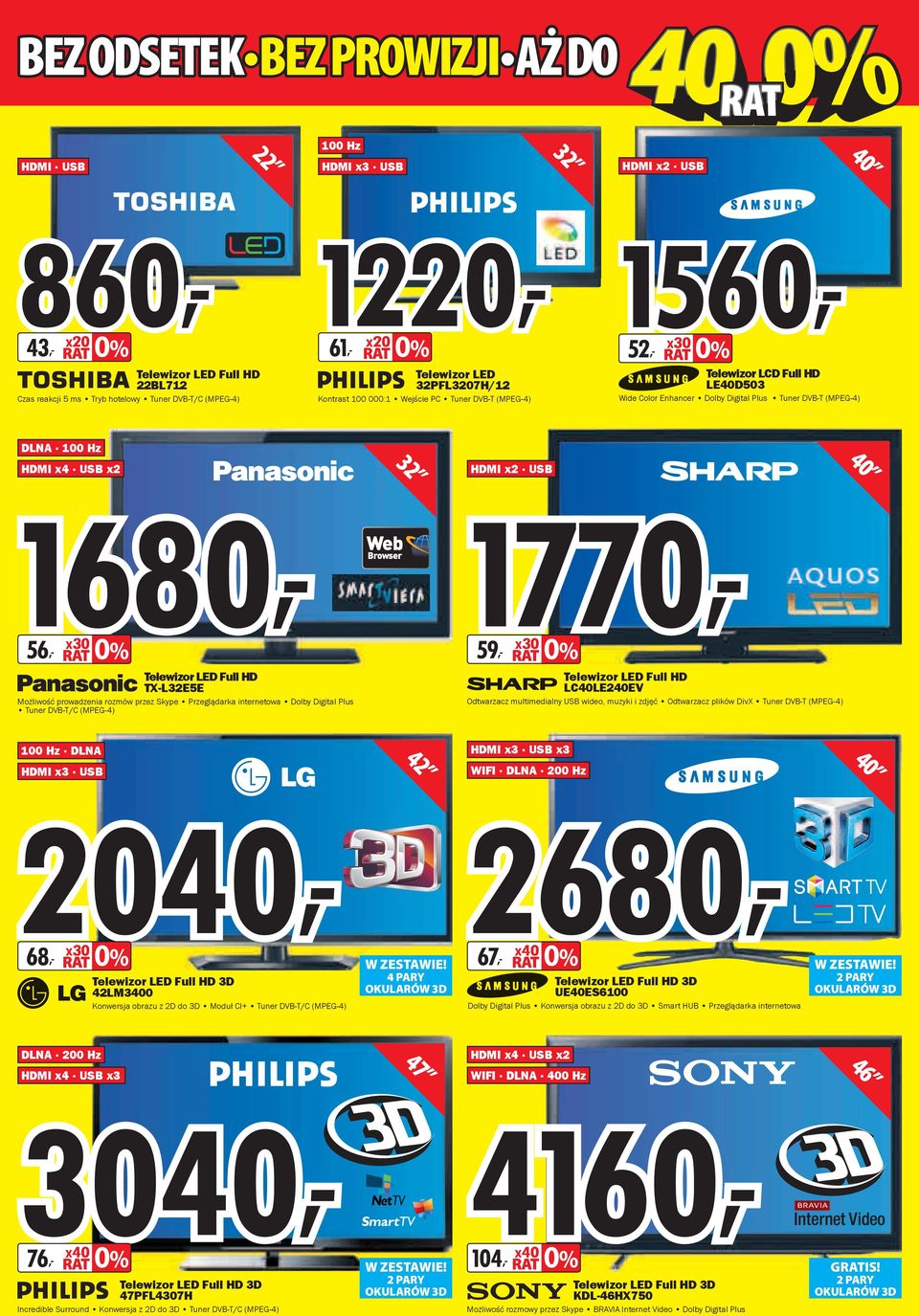 56, x30 0% 32 HDMI x2 USB 40 Telewizor LED Full HD TX-L32E5E Możliwość prowadzenia rozmów przez Skype Przeglądarka internetowa Dolby Digital Plus Tuner DVB-T/C (MPEG-4) 59, x30 0% Telewizor LED Full
