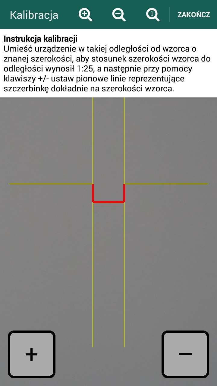 Poprawność i dokładność kalibracji szczerbinki wpływa na dokładność pomiarów. Kalibrację należy przeprowadzić na wzorcu.