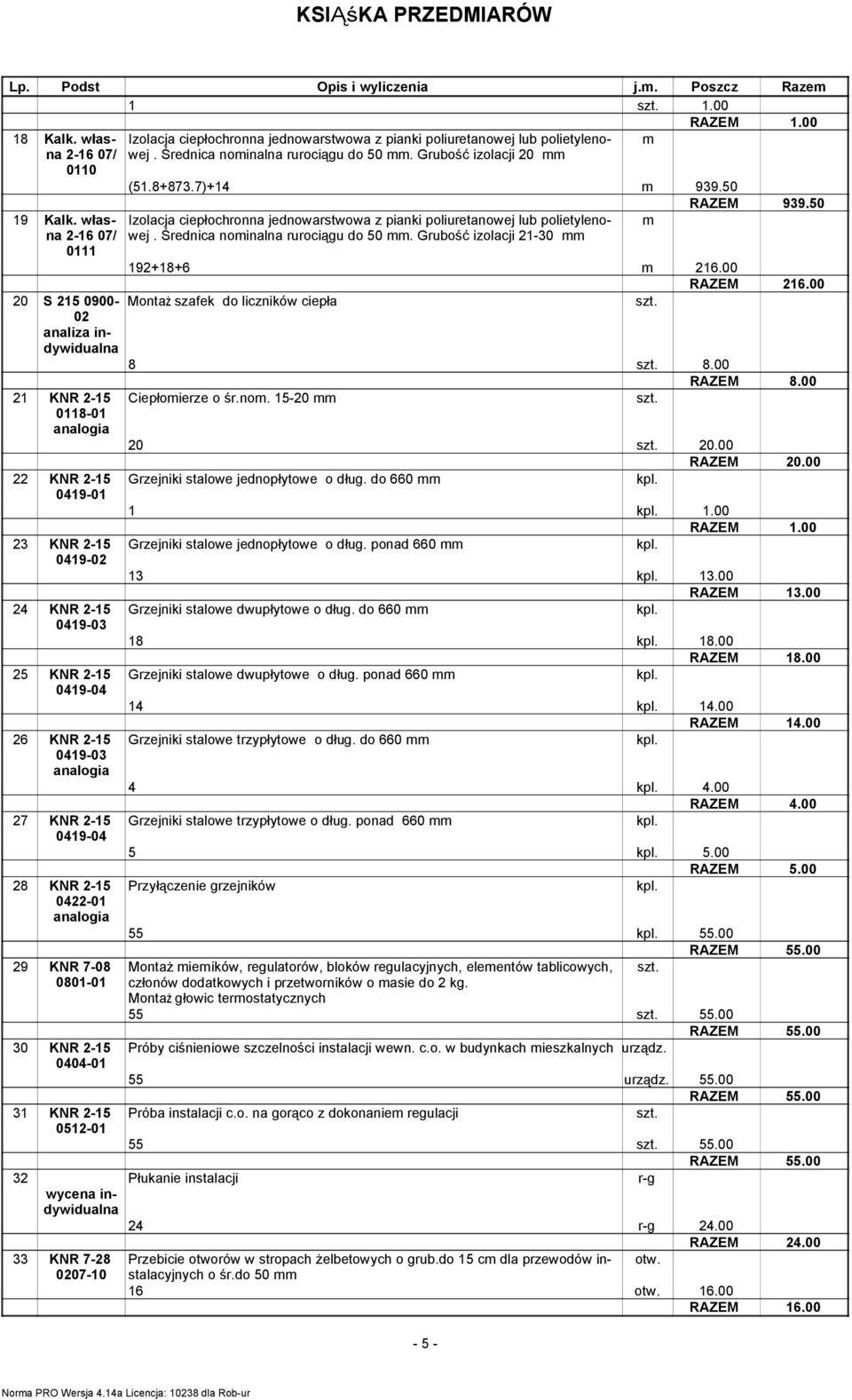 50 Izolacja ciepłochronna jednowarstwowa z pianki poliuretanowej lub polietylenowej. Średnica nominalna rurociągu do 50 mm. Grubość izolacji 21-30 m mm 192+18+6 m 216.00 RAZEM 216.