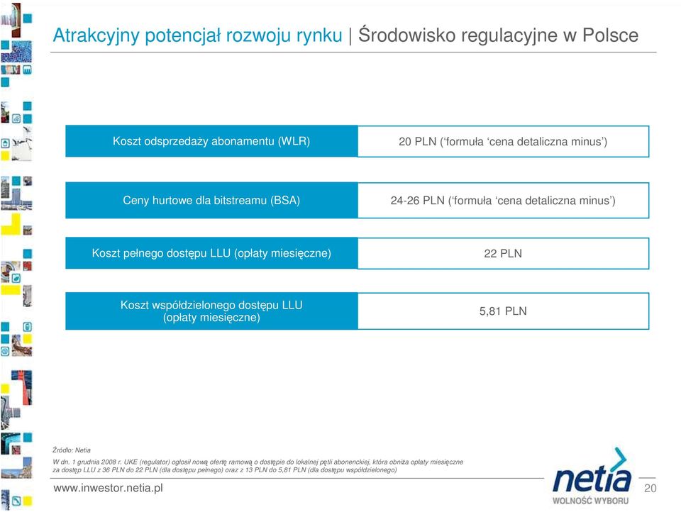 dostępu LLU (opłaty miesięczne) 5,81 PLN Źródło: Netia W dn. 1 grudnia 28 r.