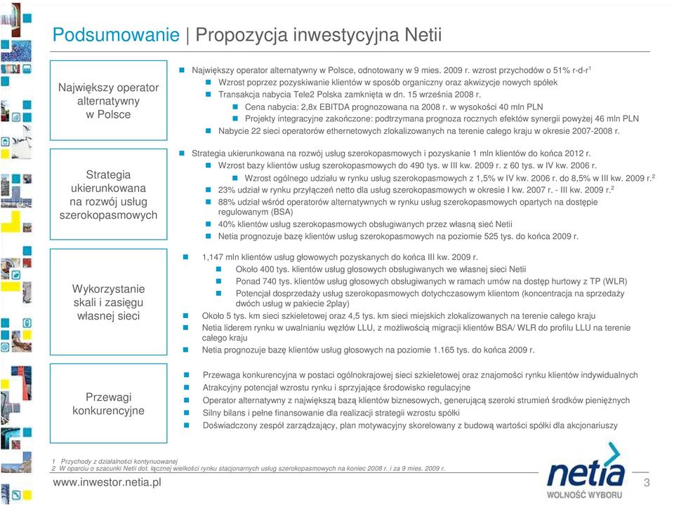 wzrost przychodów o 51% r-d-r 1 Wzrost poprzez pozyskiwanie klientów w sposób organiczny oraz akwizycje nowych spółek Transakcja nabycia Tele2 Polska zamknięta w dn. 15 września 28 r.