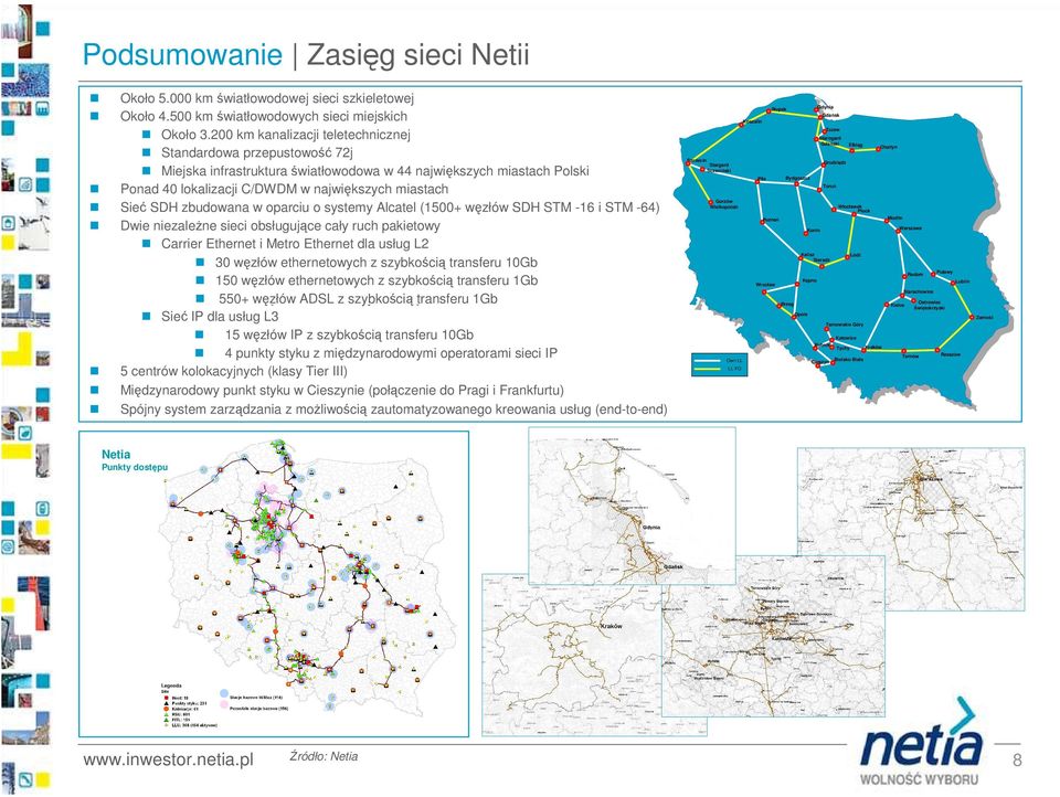 zbudowana w oparciu o systemy Alcatel (15+ węzłów SDH STM -16 i STM -64) Dwie niezaleŝne sieci obsługujące cały ruch pakietowy Carrier Ethernet i Metro Ethernet dla usług L2 węzłówethernetowych