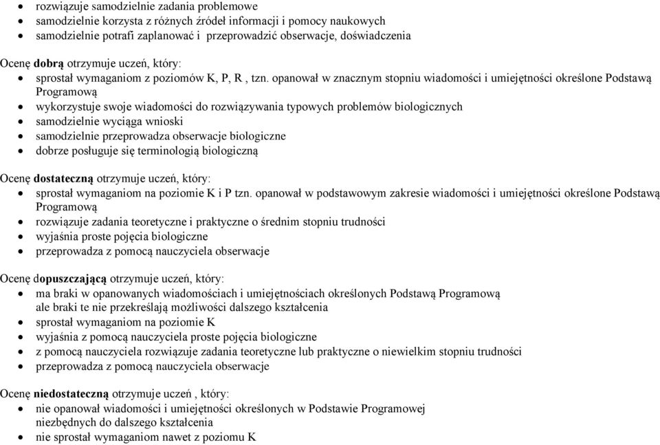 opanował w znacznym stopniu wiadomości i umiejętności określone Podstawą Programową wykorzystuje swoje wiadomości do rozwiązywania typowych problemów biologicznych samodzielnie wyciąga wnioski