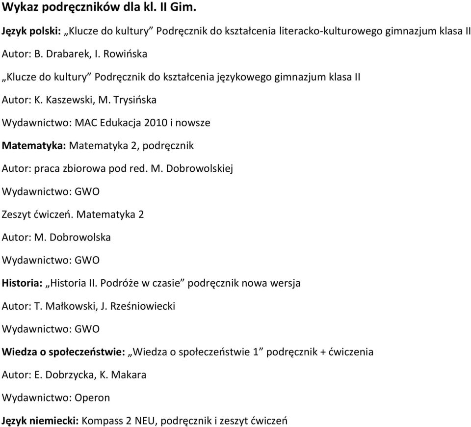 Trysińska Wydawnictwo: MAC Edukacja 2010 i nowsze Matematyka: Matematyka 2, podręcznik Autor: praca zbiorowa pod red. M. Dobrowolskiej Zeszyt ćwiczeń. Matematyka 2 Autor: M.